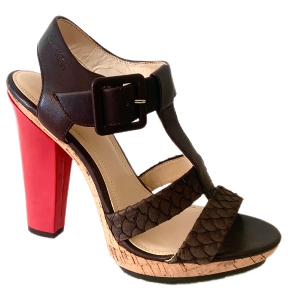 Calvin Klein Bea Platform Stiletto Heel Sandal Brow Red Leather T-Strap Pump 7.5 - Picture 4 of 16